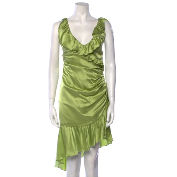 Cinq á Sept Silk Dress Green V-Neck Wrap Midi Asymmetrical Hem Size 8 NWT $545 - Picture 8 of 13
